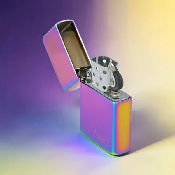 Ronson Rainbow upaljač na benzin sa otvorenim poklopcem i fitiljem