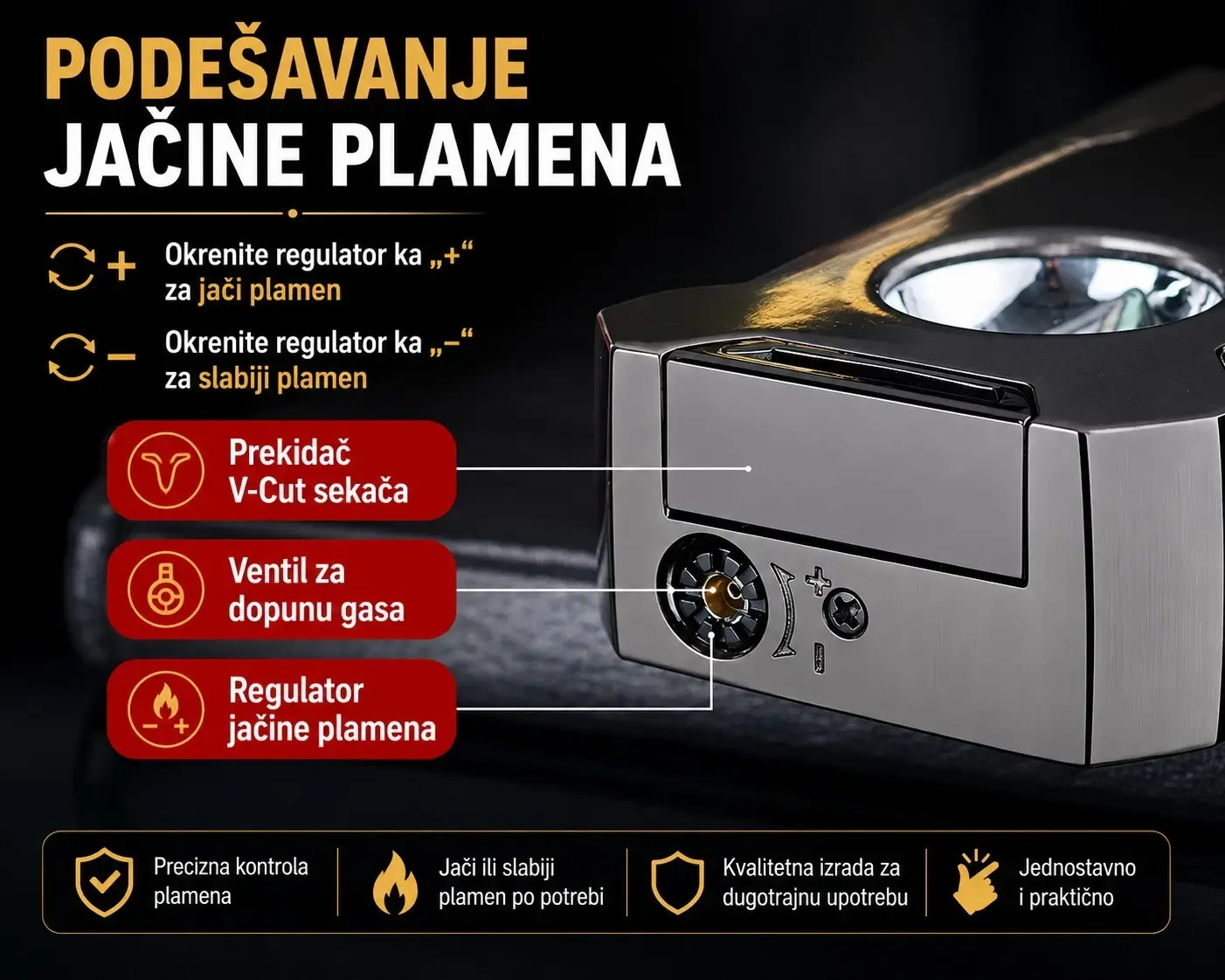Euro Jet Prestige 5 u 1 upaljač za cigare sa regulatorom jačine plamena i ventilom za dopunu gasa