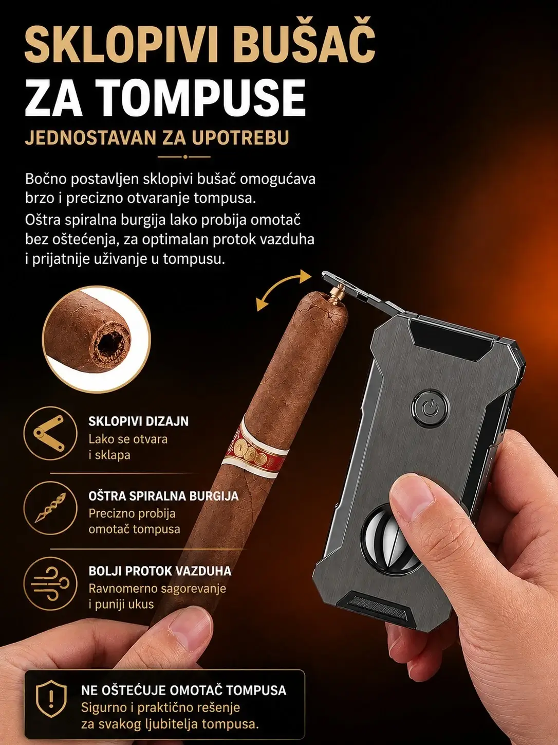 Euro Jet Prestige 5 u 1 upaljač za cigare sa sklopivim bušačem za tompuse