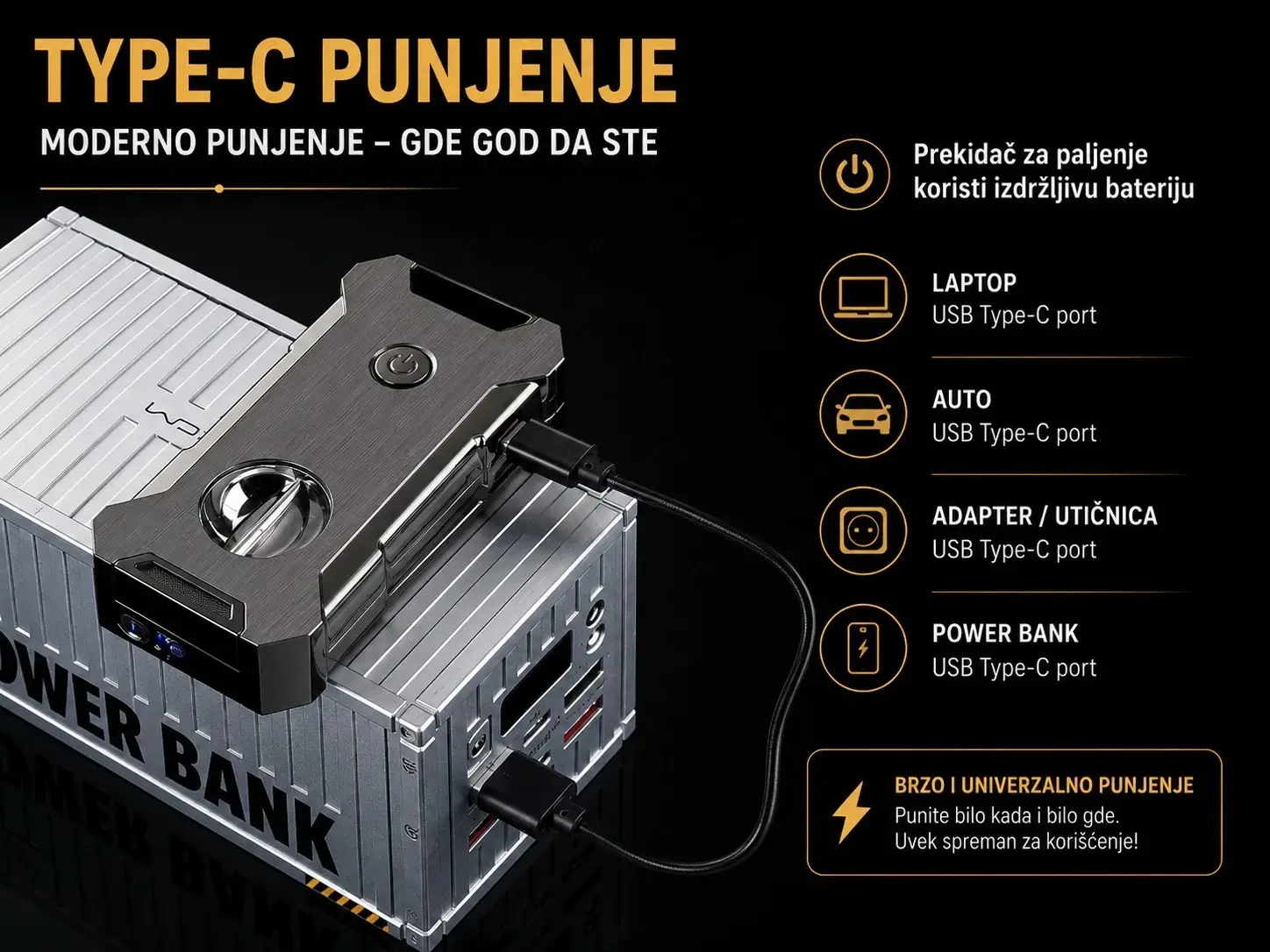 Euro Jet Prestige 5 u 1 upaljač za cigare sa USB Type-C punjenjem