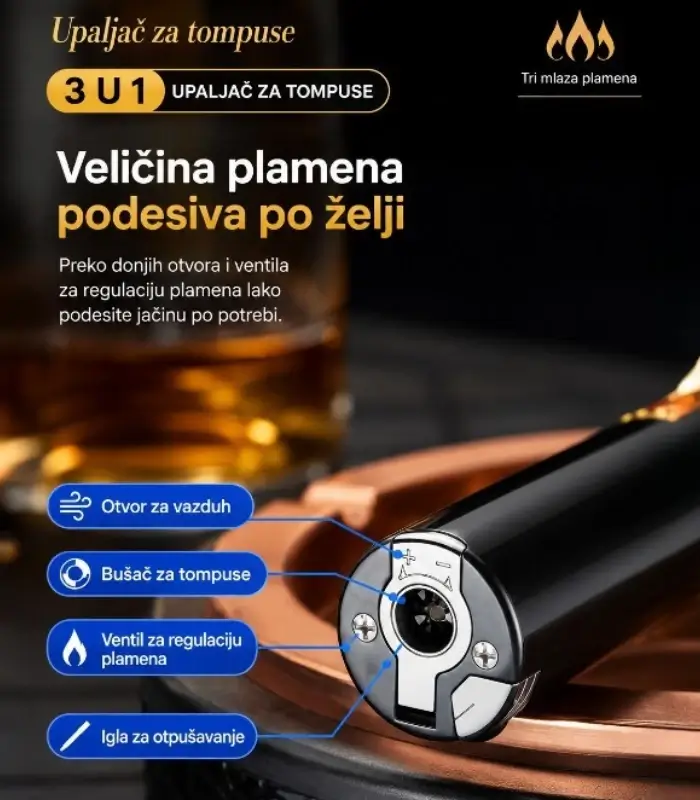 Podešavanje jačine plamena na upaljaču za cigare, skriveni bušač