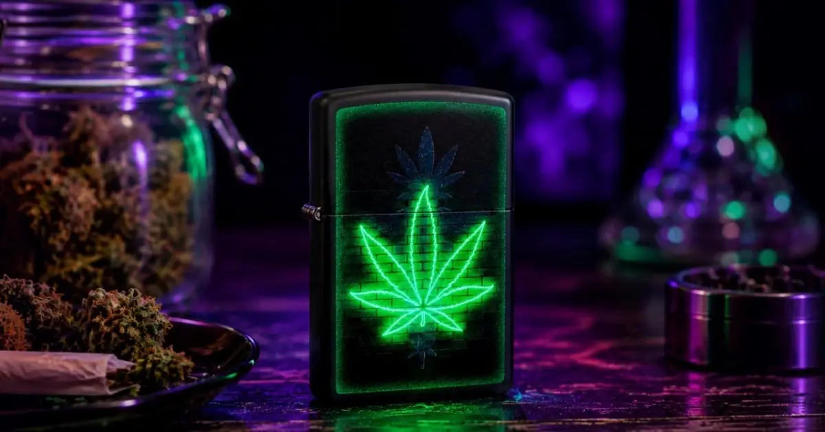 Zippo Gleaming Leaf Black Light 1 Zippo Gleaming Leaf upaljač sa zelenim cannabis motivom