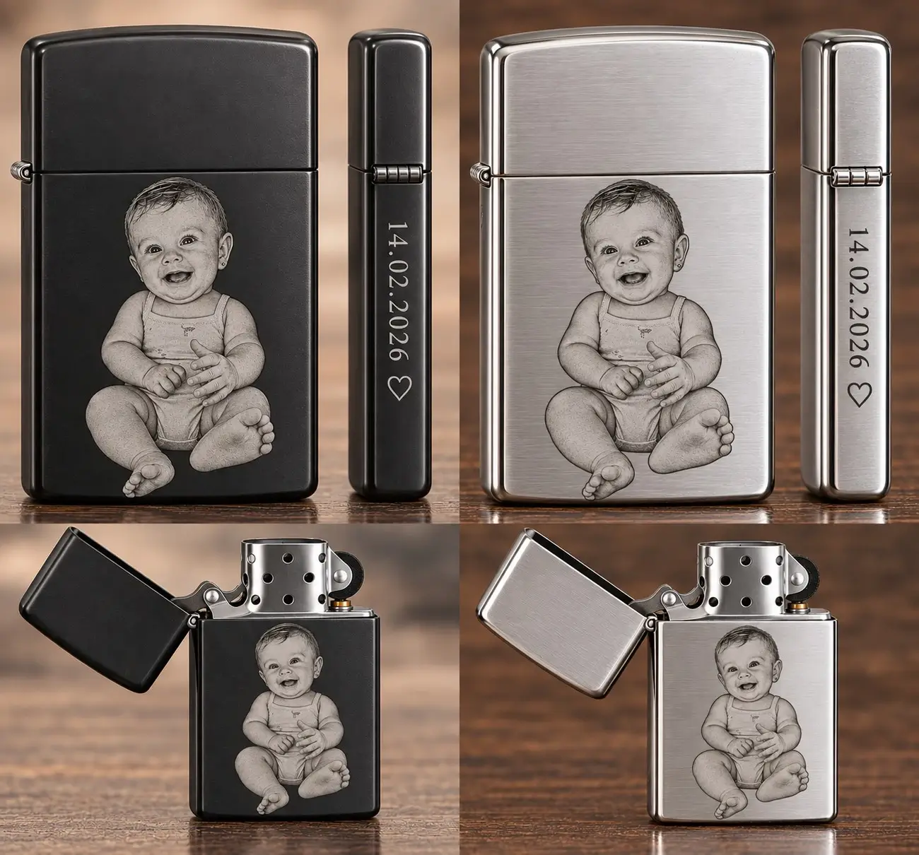 AI graviranje upaljača – od ideje u ChatGPT-u do Zippo gravure 8 AI gravura za upaljač napravljena prema fotografiji bebe
