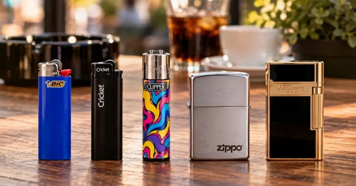 BIC, Cricket, Clipper, Zippo i S.T. Dupont upaljači poređani na stolu u kafiću